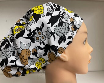 Women's Hybrid Style Scrub Hat  Chemo Cap   Summer’s End Floral Yellow Black