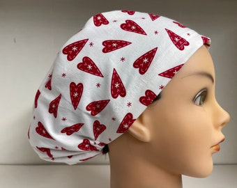 Womens Less Is More LIM Scrub Hat Chemo Cap Red Hearts on White Valentines Day
