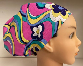 Womens Hybrid Style Surgical Scrub  Chemo Hat Cap Swirls Pink Blue