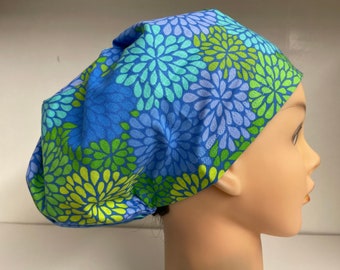 Womens Hybrid Style Surgical Scrub Hat Chemo Cap GREEN BLUE DAHLIA