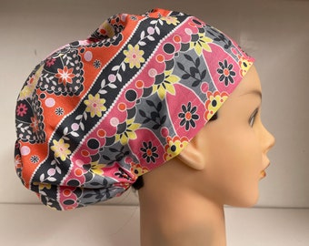 Womens Hybrid Style Surgical Scrub Hat Chemo Cap Pink Yellow Alameda