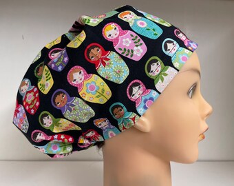 Women's Hybrid Style Scrub Hat  Chemo Cap  Colorful Matryoshka Dolls Russian