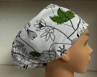 Womens Less Is More (LIM) Scrub Hat Chemo Cap Black White Green Bird IKEA Print