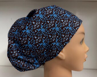 Women's Hybrid Style Scrub Hat  Chemo Cap Blue Brown Scroll