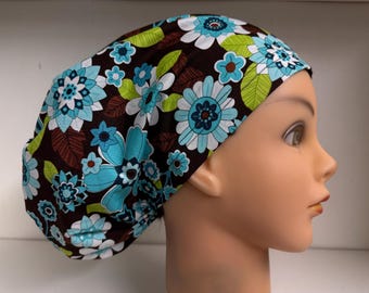 Surgical Scrub Hat Blue Brown Floral Womens Vouge Style