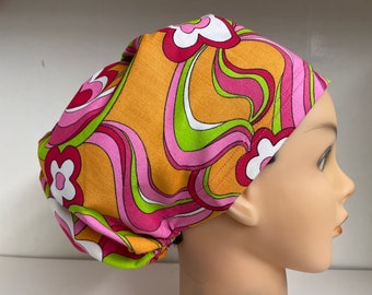 Womens Hybrid Style Surgical Scrub  Chemo Hat Cap Swirls Pink Green White Orange