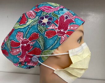 Womens Bypass Banded Style Scrub Hat Chemo Cap Button with Toggle Lucy