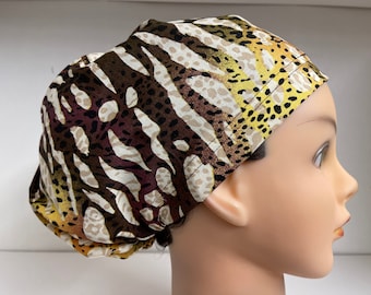 Womens Hybrid Style Surgical Scrub  Chemo Hat Cap Stripes Animal Print Brown