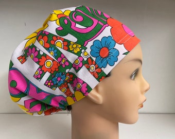 Womens Hybrid Style Surgical Scrub Hat Chemo Chef Cap Summer Love 60s Vibes