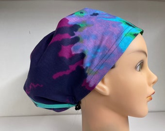 Women's Hybrid Style Scrub Hat  Chemo Cap  Colorful Hues Tiedye Tie Dye