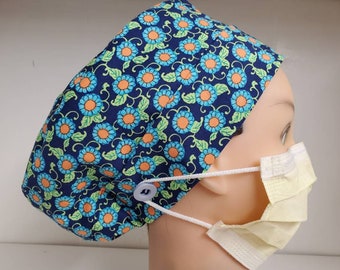 Womens Bypass Banded Style Scrub Hat Chemo Cap Button with Toggle Nettie Floral Blue