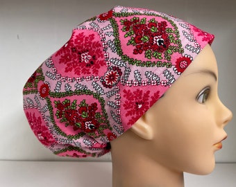 Womens Hybrid Style Surgical Scrub Hat Chemo Chef Cap Deep Pink Diamonds