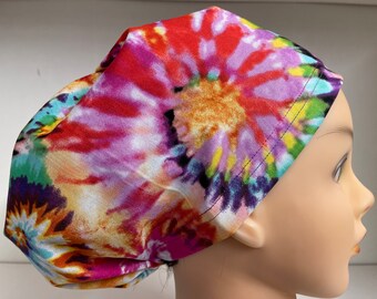 Women's Hybrid Style Scrub Hat  Chemo Cap  Colorful Star Burst Tiedye Tie Dye