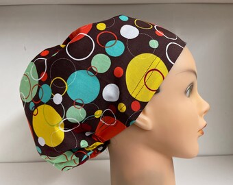 Womens Hybrid Style Scrub Hat Chemo Cap Brown Dots