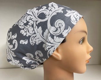 Womens Hybrid Style Surgical Scrub Hat Chemo Chef Cap Grey White Scroll