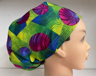 Womens Hybrid Style Surgical Scrub Hat Chemo Chef Cap Lime Purple Spheres