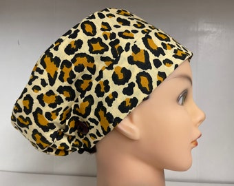 Womens Bypass Banded Style Scrub Hat Chemo Cap Button with Toggle Brown Black Gold Animal Print