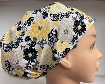 Womens Hybrid Style Surgical Scrub Hat Chemo Cap Yellow Black White Meadow