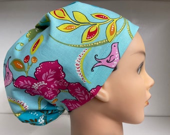 Womens Hybrid Style Surgical Scrub Hat Chemo Cap Sky Blue Birdy