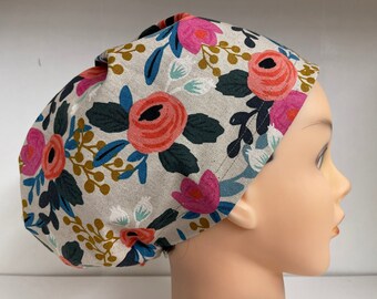 Womens Hybrid Style Surgical Scrub Hat Chemo Chef Cap Orange Pink Floral Mix