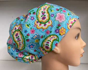 Womens Hybrid Style Surgical Scrub  Chemo Hat Cap Teal Spring Seersucker