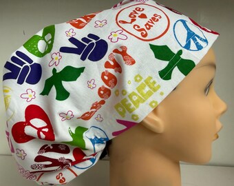 Surgical Scrub Hat Womens Vouge Style Love Peace Groovy Hippie Print