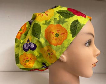 Womens Hybrid Style Surgical Scrub Hat Chemo Cap Fluorescent Yellow Flower Power