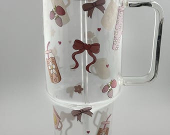 40oz Glass Tumbler: Trendy Springtime Bows & Flowers, Bamboo Lid