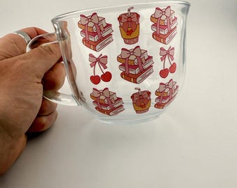 Kirschen und Bücher Glasbecher - süße Bücherliebhaber Kaffeetasse