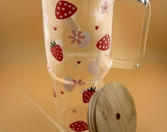 40oz Glass Tumbler with Bamboo Lid, Girly Springtime Design