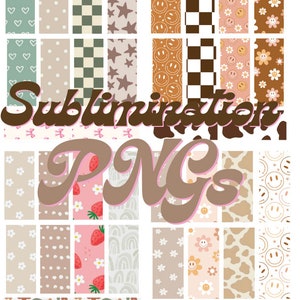 May include: A collection of patterned digital designs, including hearts, polka dots, stars, smiley faces, and floral patterns. The designs are in various colors, such as green, brown, and pink. The word "Sublimation" and "PNGs" are written across the image.