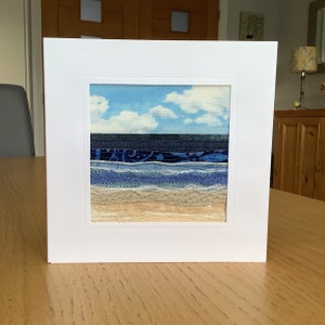 Textile art, sewn seascape, coastal, seaside, beach scene.   Appliqué and free motion embroidery.  Handmade card also available framed.