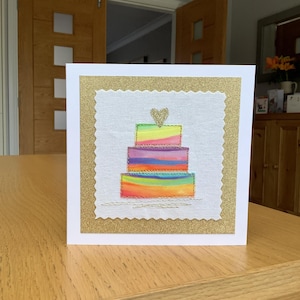 Rainbow wedding card, sewn fabric, textile art, free motion embroidered celebration card.