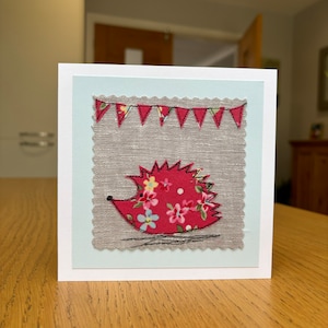 Hedgehog sewn fabric, textile art, appliqué handmade greetings card