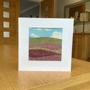 Textile art landscape. Heather, heathland, moors, Highlands, sewn countryside handmade greetings card.