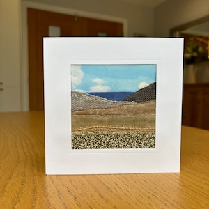 Textile landscape , sea view, countryside, sewn fabric, handmade greetings card.