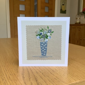 Sewn flowers, floral bouquet textile art, handmade greetings card.