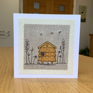 Sewn fabric Bee hive, honey bee, wild garden, bee keeper,  handmade textile art card.