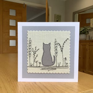 Sewn fabric grey cat,  handmade textile art greetings card.