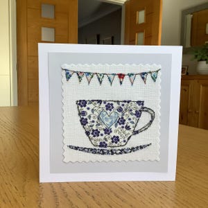Sewn tea cup, textile art, Liberty print, appliqué and free  motion embroidered  handmade greetings card.