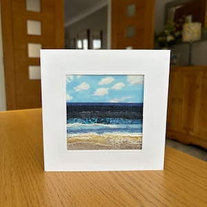 Textile art, sewn seascape, coastal, seaside, beach scene.   Appliqué and free motion embroidery.  Handmade card also available framed.