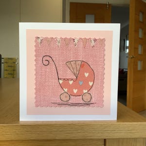 Baby girl, new baby, vintage  pram, sewn fabric, textile art handmade greetings card.