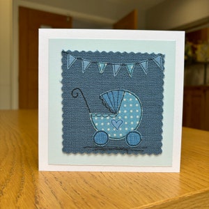 Baby boy, new baby,  newborn, vintage  pram, sewn fabric, textile art handmade greetings card.