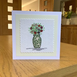 Sewn flowers, floral bouquet textile art, handmade greetings card.
