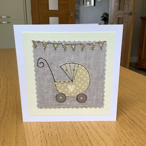 New baby, newborn, vintage style retro pram, sewn fabric, modern neutral  printed cottons, textile art,  handmade greetings card.