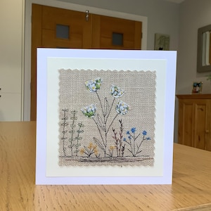 Sewn fabric wildflower, meadow flowers, countryside textile art greetings card.