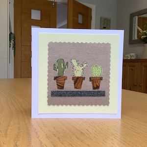 Cactus, Cacti, succulent, sewn fabric, handmade textile art greetings card.