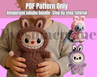 Labubu Crochet Pattern Bundle 6 pcs| Amigurumi Plushie with Clothes | PDF + Video | Standing & Sitting Labubu Toy Tutorial