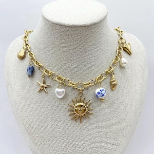 Stainless Steel Sun Starfish Shell Ceramic Pearl Trendy Blue Gold Charms Necklace Charms Grigri Christmas Birthday Gift