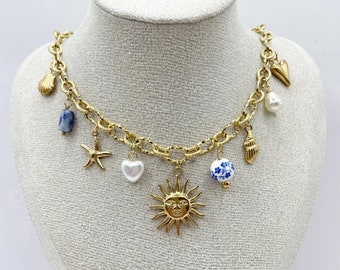 Stainless Steel Sun Starfish Shell Ceramic Pearl Trendy Blue Gold Charms Necklace Charms Grigri Christmas Birthday Gift